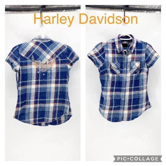 Harley Davidson button up short sleeve plaid semi distressed logo front n back - Picture 1 of 12